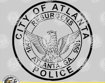 May include: A circular black and white graphic design featuring the City of Atlanta Police seal with a central eagle, the text CITY OF ATLANTA, RESURGENS, 1847, 1865, ATLANTA, GA, and POLICE. The top includes SVG-EPS-PNG-PDF text in a blue box.