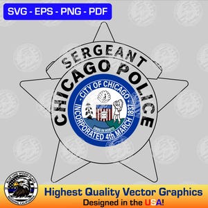 Op de afbeelding: Een zwart-wit afbeelding van een stervormig insigne van een sergeant van de Chicago Police. Het midden toont het zegel van de stad Chicago met een schip, een schild en een persoon. De tekst luidt SERGEANT CHICAGO POLICE en INCORPORATED 4th MARCH 1837.