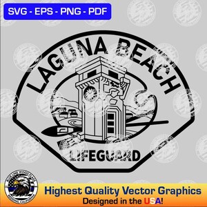 May include: A black and white vector graphic design featuring a lifeguard tower in the center with the text LAGUNA BEACH arched above and LIFEGUARD below. The design is enclosed in a shield-like border with a watermark pattern in the background.