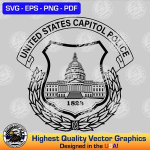 May include: Black and white vector graphic illustration of the United States Capitol Police badge. The badge features a shield with the Capitol building, a laurel wreath, and the text "United States Capitol Police" and "1828".