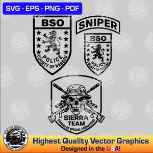 May include: Three black graphic designs on a light gray background. Two shield-shaped emblems feature a lion, stars, and the text BSO POLICE COUNTY OF NASSAU. One emblem includes a SNIPER tab. The third design shows a skull wearing a hat with crossed rifles and the text SIERRA TEAM BUREAU OF SPECIAL OPERATIONS. The top text reads SVG - EPS - PNG - PDF.