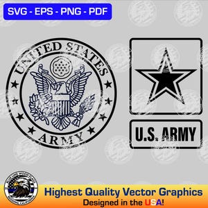 Può includere: Grafica in bianco e nero con il sigillo dell'esercito degli Stati Uniti con le parole "United States Army" e una stella nera con le parole "U.S. Army".