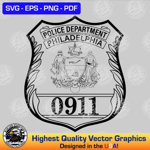 May include: A black and white graphic of the Philadelphia Police Department badge featuring the city seal with two figures, a scale, and a ship. The text reads Police Department Philadelphia and the number 0911 is centered at the bottom of the shield.