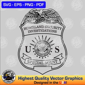 May include: A black and white graphic design of a Homeland Security Investigations badge featuring an eagle at the top, the text U S, a central seal with the text U.S. DEPARTMENT OF HOMELAND SECURITY, and a banner reading SPECIAL AGENT.