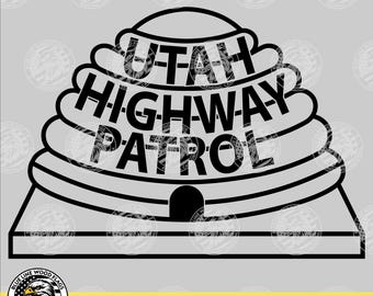 May include: A black and white graphic design featuring a beehive shape with the text UTAH HIGHWAY PATROL centered in bold capital letters. The design includes a rectangular base and is presented as a digital file format including SVG, EPS, PNG, and PDF.