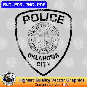 May include: A black and white graphic design of the Oklahoma City police badge. The shield-shaped emblem features the text POLICE at the top and OKLAHOMA CITY at the bottom, surrounding a central circular seal with intricate details and symbols.