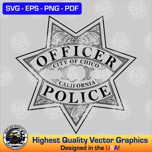 May include: A black and white six-pointed star-shaped police badge graphic with ornate scrollwork details. The text reads OFFICER, CITY OF CHICO, CALIFORNIA, and POLICE. The design is presented on a light gray background with a watermark pattern.