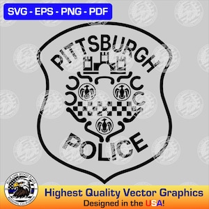 May include: A black and white graphic design of a Pittsburgh Police shield emblem. The shield features the text PITTSBURGH POLICE, a central castle icon, three circular bird motifs, and a checkered pattern, all enclosed within a bold outline.