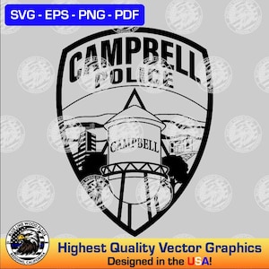 May include: A black and white vector graphic of a shield-shaped police badge featuring the text CAMPBELL POLICE at the top and a central illustration of a water tower labeled CAMPBELL, with a cityscape silhouette in the background.