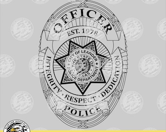 May include: A black and white vector graphic of a Leander Police Department officer badge. The oval badge features a central star, the text OFFICER EST. 1978, INTEGRITY RESPECT DEDICATION, and the City of Leander Texas Police Department seal.