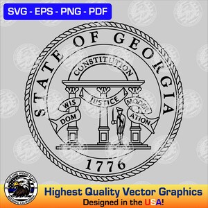 以下が含まれることがあります： ジョージア州の公式印章の白黒イラスト。印章には、3本の柱のある建物と、その上に「憲法」と書かれた横断幕が描かれています。建物は、「ジョージア州」と書かれた横断幕と、「知恵、正義、節度」と書かれた別の横断幕で囲まれています。建物の下には1776年が記されています。