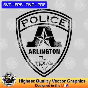 May include: A black and white graphic design of the Arlington Police shield. The shield features the word POLICE at the top, a large letter A with a star in the center, the word ARLINGTON, and an outline of the state of Texas with the word TEXAS.