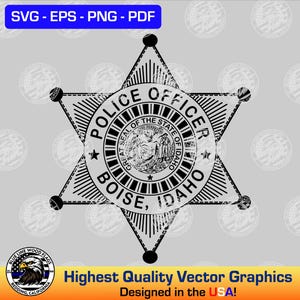 May include: Black and white vector graphic of a police officer badge with a five-pointed star shape. The badge features the text "Police Officer" and "Boise, Idaho" along with the state seal of Idaho.