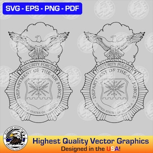 May include: Black and white vector graphic illustration of two United States Air Force Security Forces badges. The badges feature a stylised eagle, a shield with lightning bolts, and the text "Department of the Air Force" and "United States of America". One badge says "Security Forces" and the other says "Security Police".