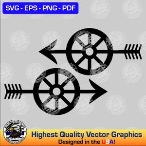 May include: Black vector graphic featuring two arrows with a wheel design in the center. The top arrow points left, and the bottom arrow points right. Text at the top reads "SVG - EPS - PNG - PDF". The bottom text reads "Highest Quality Vector Graphics Designed in the USA!"