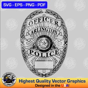 Könnte beinhalten: Eine schwarz-weiße Vektorgrafik eines ovalen Arlington Police Abzeichens. Das Design zeigt ein zentrales Sternemblem, umgeben von den Schriftzügen 'OFFICER', 'ARLINGTON' und 'POLICE' auf Bannern, eingerahmt von einem detaillierten Lorbeerkranz.