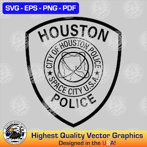 May include: Black and white vector graphic of the Houston Police Department badge. The badge is a shield shape with the words "Houston" at the top, "City of Houston Police" in a circle, and "Space City U.S.A." in a circle below. The words "Police" are at the bottom of the badge.