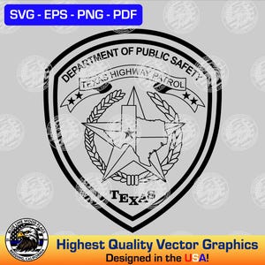 Puede incluir: Gráfico vectorial en blanco y negro de la insignia de la Patrulla de Carreteras del Departamento de Seguridad Pública de Texas. La insignia presenta una estrella de cinco puntas con un mapa de Texas en su interior, rodeada de una corona de trigo y las palabras "Texas Highway Patrol".