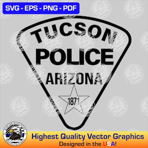 May include: Black and white vector graphic of a Tucson Police Department badge. The badge is a black triangle with rounded corners. The text "TUCSON POLICE ARIZONA" is written in bold, black letters. The year "1871" is written in a smaller font inside a five-pointed star.