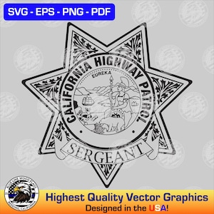 以下が含まれることがあります： カリフォルニア州ハイウェイパトロールの軍曹バッジの白黒ベクターグラフィック。バッジは星型で、複雑な花の模様と「California Highway Patrol」と「Sergeant」の文字が描かれています。画像には「SVG - EPS - PNG - PDF」の文字も含まれています。