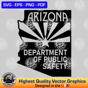 Puede incluir: Silueta en blanco y negro del estado de Arizona con el texto "Arizona Department of Public Safety" en letras blancas. El contorno del estado incluye un diseño de sol estilizado.