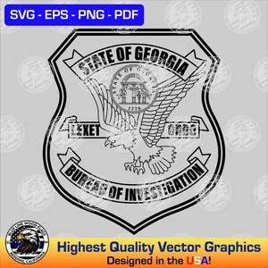 May include: Black and white vector graphic of the State of Georgia Bureau of Investigation seal. The seal features a bald eagle with wings spread, a banner with the words "State of Georgia" and "Bureau of Investigation", and a smaller seal with the words "State of Georgia" and "1776".