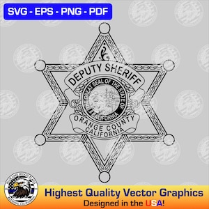 Op de afbeelding: Zwart-witte illustratie van een sheriffster-badge met de tekst "DEPUTY SHERIFF", "GREAT SEAL OF THE STATE OF CALIFORNIA" en "ORANGE COUNTY CALIFORNIA".