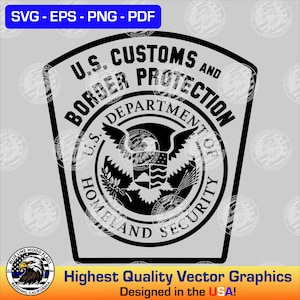 May include: Black and white vector graphic design of the U.S. Customs and Border Protection seal. The seal features an eagle with outstretched wings, a shield with a star and stripes, and the text "U.S. Department of Homeland Security".