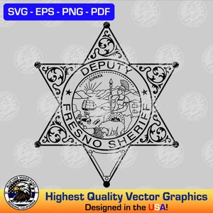 Può includere: Illustrazione in bianco e nero di un distintivo a stella dello sceriffo con le parole "Deputy Fresno Sheriff" e "Eureka" all'interno della stella.