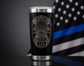 Personalized Laser Engraved Police Badge Tumbler | 20oz Insulated Stainless Steel Cup with Lid