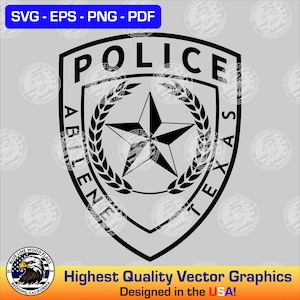 May include: A black and white graphic design of a police shield emblem featuring a central five-pointed star surrounded by a laurel wreath. The text POLICE is arched at the top, with ABILENE and TEXAS written vertically along the shield sides.