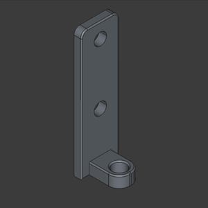 May include: A gray metal bracket with two circular holes and a rounded end with a third hole. The bracket is rectangular with rounded corners and is designed for mounting or connecting components.