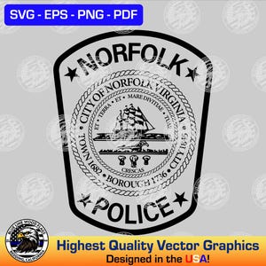 Puede incluir: Un diseño gráfico en blanco y negro de una placa de policía con el texto "NORFOLK POLICE" y el sello de la ciudad de Norfolk, Virginia. El sello representa un barco, el texto "ET TERRA ET MARE DIVITIAE TUA", y las fechas "TOWN 1682", "BOROUGH 1736", y "CITY 1845".