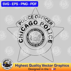 May include: A black and white graphic of a Chicago Police star-shaped badge. The text reads POLICE OFFICER CHICAGO POLICE, CITY OF CHICAGO, INCORPORATED 4th MARCH 1837, and URBS IN HORTO. The center features a seal with a ship and a person.