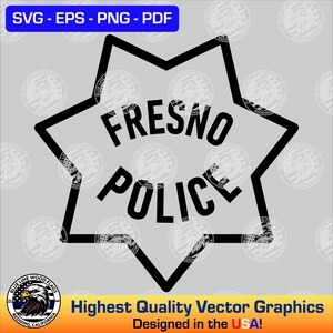 May include: Black and white vector graphic of a six-pointed star with the words "FRESNO POLICE" inside. The star is outlined in black and the text is in bold.