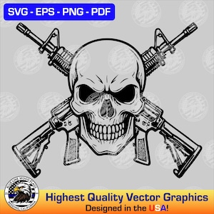 Può includere: Grafica vettoriale in bianco e nero di un teschio con fucili incrociati. Il design include il testo "SVG - EPS - PNG - PDF" e "Highest Quality Vector Graphics Designed in the USA!"