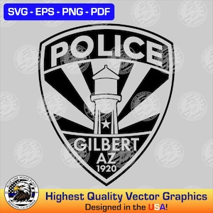 Peut inclure: Conception graphique vectorielle en noir et blanc d'un badge de police avec les mots "POLICE", "GILBERT", "AZ" et "1920". Le badge présente une tour d'eau stylisée et un motif de soleil.