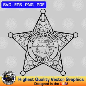 May include: A black and white vector graphic of a five-pointed star badge featuring the text 'SHERIFF'S OFFICE COLLIER COUNTY FLORIDA' and 'IN GOD WE TRUST'. The central emblem depicts a map of Florida, a palm tree, and a person sowing seeds.