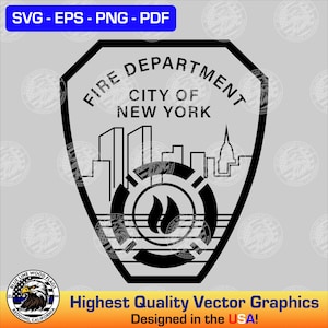 Könnte beinhalten: Schwarzweißes Vektorgrafik-Design des Emblems der Feuerwehr der Stadt New York. Das Emblem zeigt eine stilisierte Stadtlandschaft mit den Worten "Fire Department" und "City of New York" in einem kreisförmigen Banner.