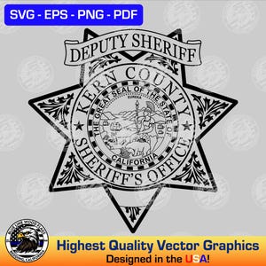 May include: A black and white graphic of a six-pointed star badge featuring the text DEPUTY SHERIFF, KERN COUNTY, and SHERIFF'S OFFICE. The center contains the Great Seal of the State of California with a bear, a figure, and the text EUREKA.