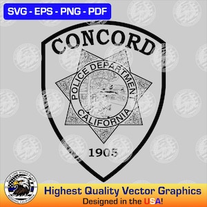 May include: A black and white graphic design of the Concord Police Department California shield badge. The shield features a six-pointed star, a central landscape illustration, the text CONCORD, POLICE DEPARTMENT, CALIFORNIA, and the year 1905.
