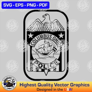 Puede incluir: Gráfico vectorial en blanco y negro de una placa de policía con el texto "COLUMBUS OHIO POLICE" y un águila estilizada sobre el texto.