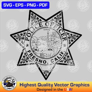May include: Black and white illustration of a police officer badge with a star shape. The badge has the words "Police Officer" and "Fresno Calif" around the edge. The center of the badge has a seal with the words "Eureka" and a mountain range.