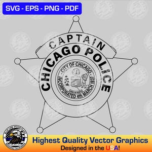 Op de afbeelding: Een zwart-witte lijntekening van een vijfhoekig ster-insigne met de tekst CAPTAIN CHICAGO POLICE. Het midden bevat het zegel van de stad Chicago met de tekst CITY OF CHICAGO INCORPORATED 4th MARCH 1837 en de tekst URBS IN HORTO.