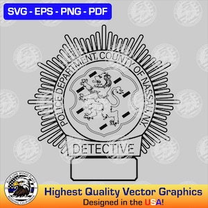 Puede incluir: Un diseño gráfico en blanco y negro de una placa de detective del Departamento de Policía del Condado de Nassau. El emblema circular presenta un león en el centro, rodeado por el texto POLICE DEPARTMENT, COUNTY OF NASSAU, N.Y. y la palabra DETECTIVE debajo.