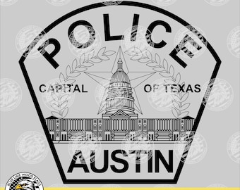 May include: A black and white graphic design featuring a shield-shaped emblem with the text POLICE at the top and AUSTIN at the bottom. The center displays the Texas State Capitol building with a star and laurel branches. Text reads CAPITAL OF TEXAS.