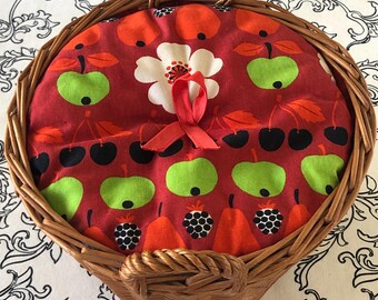 Vintage 1970s Wicker Sewing Basket with Padded Fabric Lid