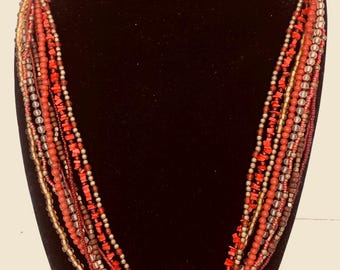 Vintage Red Multi-Strand Beaded Necklace, Bold Chic Statement