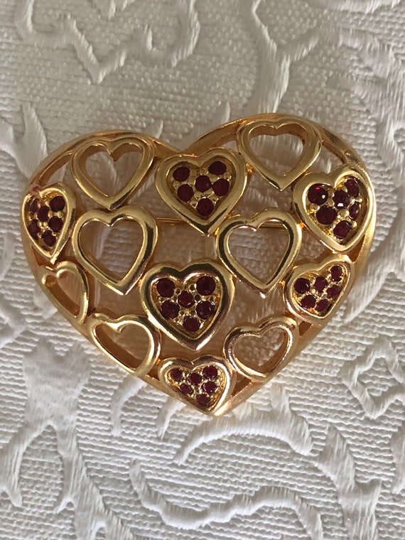 Vintage Gold Heart Brooch with Ruby Red Swarovski 