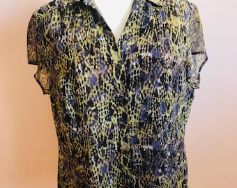 Jones New York Brown & Chartreuse Abstract Print Blouse; Size: US 12